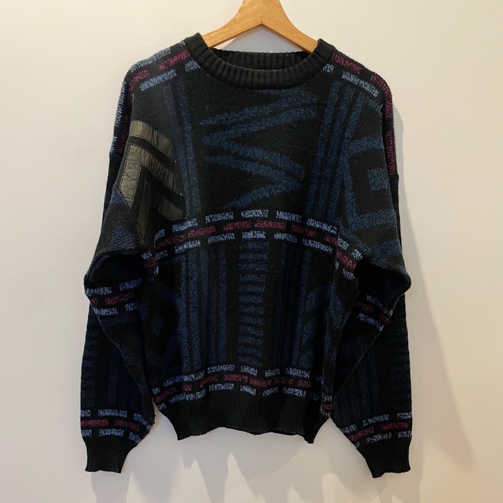 Vintage 80s Gitano Black Abstract Design Sweater w/Vegan Leather Stripes